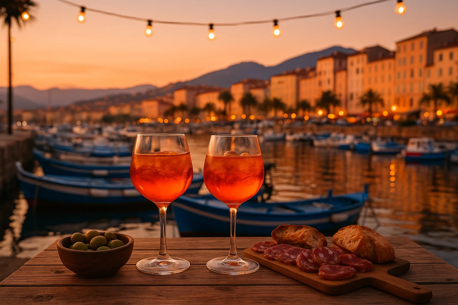 Aperitif på kajen i Ajaccio i skymningen: två glas spritz, oliver och charkbräda framför fiskebåtar och ljusslingor i hamnen